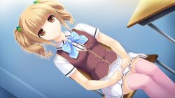 Rule 34 | 1girl, blonde hair, blunt bangs, bow, bowtie, breasts, brown eyes, brown hair, buttons, chair, classroom, clenched hands, desk, dutch angle, game cg, hair ornament, indoors, jacket, light smile, looking at viewer, misato minori, petite, pink thighhighs, plaid, pleated skirt, saimin enbu, sayori (neko works), school, school desk, shirt, short hair, short sleeves, short twintails, sidelocks, sitting, skirt, small breasts, smile, solo, thighhighs, twintails, vest, wavy hair, wing collar, yellow eyes, zettai ryouiki