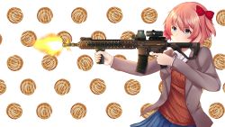Rule 34 | 1girl, aiming, assault rifle, blue eyes, blue skirt, bow, cinnamon roll, closed mouth, collared shirt, commission, cowboy shot, doki doki literature club, finger on trigger, firing, food request, grey jacket, gun, hair bow, highres, holding, holding gun, holding weapon, jacket, long sleeves, open clothes, open jacket, pink hair, pleated skirt, red bow, red vest, rifle, sayori (doki doki literature club), shirt, short hair, signature, skirt, solo, sweater vest, temachii, vest, weapon, white shirt, wing collar