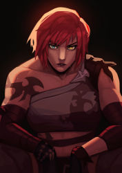 Rule 34 | 1girl, absurdres, warrior of light (ff14), bandaged arm, bandages, black background, commission, final fantasy, final fantasy xiv, freckles, gloves, heterochromia, highres, lips, looking at viewer, midriff, parted lips, qtori, red hair, roegadyn, short hair, sitting, solo, sweat, tattoo