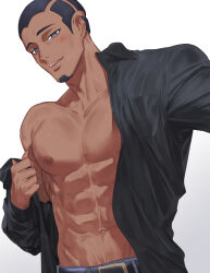 1boy abs belt black_hair black_shirt blush bright_pupils collared_shirt commentary_request creatures_(company) facial_hair game_freak goatee grey_eyes haiki_(tegusu) highres large_penis male_focus muscular muscular_male navel nintendo nipples off_shoulder pectorals penis pokemon pokemon_sv salvatore_(pokemon) shirt short_hair simple_background smile solo teeth upper_body upper_teeth_only white_background white_pupils