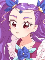 Rule 34 | 0 yoru 6, 1girl, collarbone, dress, earrings, flower, forehead, frills, jewelry, lips, looking at viewer, milky rose, mimino kurumi, open mouth, precure, purple dress, purple flower, purple hair, purple rose, red eyes, rose, simple background, solo, tiara, twintails, twitter username, upper body, white background, white dress, yes! precure 5, yes! precure 5 gogo!