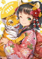 Rule 34 | 1girl, 2022, ;), animal, animal ear fluff, animal ears, black hair, chinese zodiac, closed mouth, commentary, fake animal ears, floral print, green eyes, hagure keg, hairband, happy new year, highres, japanese clothes, kimono, long hair, long sleeves, looking at viewer, new year, one eye closed, orange background, orange hairband, original, paw print, paw print background, print kimono, red kimono, smile, solo, tiger, tiger ears, two-tone background, upper body, white background, wide sleeves, year of the tiger
