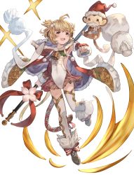 Rule 34 | 1girl, absurdres, andira (granblue fantasy), animal ears, antenna hair, ayacho, backless leotard, bell, blonde hair, breasts, cloak, covered navel, detached sleeves, fake facial hair, fake mustache, full body, granblue fantasy, hair ornament, hat, highres, holding, holding staff, hood, hood down, hooded cloak, leotard, looking at viewer, monkey tail, open mouth, orange eyes, pom pom (clothes), pom pom hair ornament, sack, santa hat, short hair, simple background, small breasts, smile, solo, staff, tail, teeth, thighhighs, two side up, upper teeth only, white background, white leotard, white thighhighs