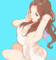 Rule 34 | 1girl, ;d, armpits, ass, bare arms, blue background, breasts, brown hair, butt crack, cleavage, dorothea arnault, dress, fire emblem, fire emblem: three houses, fire emblem heroes, green eyes, hand in own hair, highres, kh (tanakananataka), large breasts, long hair, nintendo, one eye closed, open mouth, ribbon, short dress, sideboob, simple background, sitting, sleeveless, sleeveless sweater, smile, solo, straight hair, sweater, sweater dress, twitter username, white dress, white ribbon, yellow sweater
