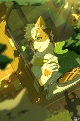 Rule 34 | absurdres, brick wall, calico, cat, cat boy, chef, crave saga, food, furry, furry male, highres, kiekoio, kitchen, male focus, oven mitts, pie, toy mouse