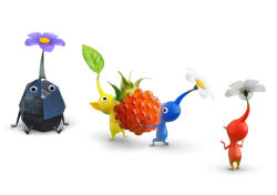 Rule 34 | alien, blue pikmin, flower, food, fruit, leaf, nintendo, no humans, pikmin (creature), pikmin (series), pikmin 3, red pikmin, rock pikmin, simple background, white background, yellow pikmin
