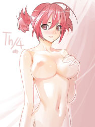 Rule 34 | 1girl, blush, breasts, inverted nipples, light smile, medium breasts, navel, nipples, nude, original, perky breasts, red eyes, red hair, sanbasou, short hair, solo, twintails, upper body