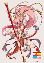 Rule 34 | 1girl, barefoot, blue eyes, breasts, circlet, cleavage, cosplay, facepaint, full body, fur, grey background, highres, holding, holding weapon, long hair, medium breasts, monkey tail, nail polish, original, pink hair, red nails, sash, simple background, solo, staff, tail, takagi (tansuke), tansuke, very long hair, weapon