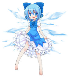 Rule 34 | adapted costume, bad id, bad pixiv id, barefoot, blue eyes, blue hair, blush, bow, cirno, embodiment of scarlet devil, feet, nean, short hair, simple background, solo, touhou, white background, wings