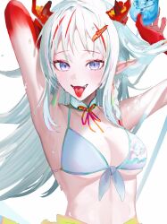 Rule 34 | 1girl, arknights, armpits, arms up, bikini, breasts, colored extremities, colored skin, cup, detached collar, dragon horns, front-tie bikini top, front-tie top, gradient skin, grey hair, highres, holding, holding cup, horns, long hair, looking at viewer, medium breasts, midriff, multicolored hair, nian (arknights), open mouth, pointy ears, purple eyes, red hair, red horns, red skin, sankichi (croquette crab), sidelocks, solo, streaked hair, swimsuit, tongue, tongue out, wet, white bikini