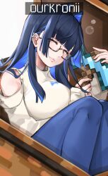 Rule 34 | 1girl, blue hair, blue pants, blunt bangs, breasts, closed eyes, colored inner hair, denim, detached sleeves, ear piercing, glasses, hair intakes, highres, holding, holding pickaxe, hololive, hololive english, jeans, large breasts, long hair, long sleeves, minecraft, minecraft pickaxe, multicolored hair, official alternate costume, ouro kronii, ouro kronii (casual), pants, pickaxe, piercing, punapple, shirt, sleeping, treasure chest, turtleneck, two-tone hair, virtual youtuber, white shirt