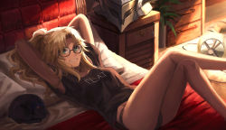Rule 34 | 1girl, black panties, black shirt, blonde hair, breasts, cat, crossed legs, fate/apocrypha, fate (series), glasses, green eyes, highres, long hair, looking at viewer, lying, mordred (fate), mordred (fate/apocrypha), no pants, on back, on bed, panties, parted bangs, pillow, ponytail, shirt, short sleeves, sidelocks, small breasts, t-shirt, tonee, underwear