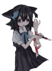 Rule 34 | 1girl, animal ears, bandages, black dress, black hair, bleeding, blood, bloody bandages, blue ribbon, boxcutter, cat ears, cat girl, collared shirt, cropped legs, crying, crying with eyes open, dress, ears down, fang, fish hair ornament, hair ornament, hands up, highres, holding boxcutter, long hair, neck ribbon, neko yeye, one side up, open mouth, original, pinafore dress, puffy short sleeves, puffy sleeves, purple eyes, raised eyebrows, ribbon, self-harm, shirt, short dress, short sleeves, sleeveless, sleeveless dress, solo, tears, wavy mouth, white background, white shirt, wrist cutting