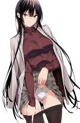 Rule 34 | 1girl, black hair, black pantyhose, breasts, clothes lift, clothes pull, gluteal fold, grey jacket, groin, hair between eyes, haitekudasai takamine-san, high-waist skirt, hiiragi yuuichi, jacket, jacket on shoulders, large breasts, lifted by self, long hair, long sleeves, looking at viewer, o-ring, o-ring bottom, o-ring panties, open clothes, open jacket, panties, pantyhose, pantyhose pull, parted lips, plaid, plaid skirt, pulled by self, simple background, skirt, skirt lift, solo, striped clothes, striped panties, takamine takane, thighs, turtleneck, underwear