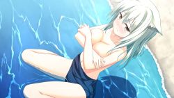 Rule 34 | 1girl, animal ears, areola slip, breasts, cleavage, covering privates, covering breasts, embarrassed, endless dungeon, game cg, kinta (distortion), nico temple, outdoors, rosebleu, solo, swimsuit, tagme, water, white hair, yellow eyes