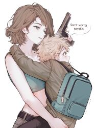 Rule 34 | 0o0 w o0, 1boy, 1girl, age difference, animification, bag, blonde hair, brown hair, character request, child, commentary, english commentary, english text, gun, highres, holding, holding gun, holding weapon, lifting person, mother and son, onee-shota, short hair, simple background, south park, tweek tweak, weapon, white background
