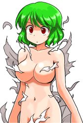 Rule 34 | 1girl, bad id, bad pixiv id, breasts, censored, convenient censoring, exploding clothes, female focus, green hair, kazami yuuka, large breasts, mono (moiky), nude, one-piece swimsuit, red eyes, school swimsuit, short hair, solo, swimsuit, torn clothes, touhou, transparent background, wardrobe malfunction, white one-piece swimsuit, white school swimsuit, wide-eyed