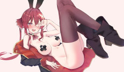 Rule 34 | 1girl, animal ears, black footwear, black thighhighs, blush, boots, bottomless, breasts, choker, coat, covering privates, covering one eye, cross pasties, fake animal ears, full body, hair between eyes, hair ribbon, harenchi, highres, hololive, houshou marine, large breasts, long hair, long sleeves, looking at viewer, lying, on back, open clothes, open coat, open mouth, pasties, rabbit ears, red eyes, red hair, red ribbon, ribbon, simple background, solo, sweat, tape, tape on nipples, thighhighs, thighs, twintails, virtual youtuber
