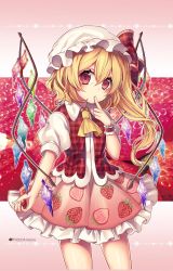 Rule 34 | 1girl, adapted costume, ascot, blonde hair, blush, bow, finger to mouth, flandre scarlet, food print, hair between eyes, hat, hat bow, highres, kyouda suzuka, long hair, looking at viewer, mob cap, pink skirt, plaid, plaid bow, plaid vest, red bow, red eyes, side ponytail, skirt, solo, strawberry print, touhou, upper body, vest, white hat, wings