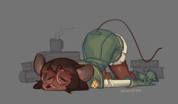 Rule 34 | 1girl, absurdres, animal ears, artist name, ass, ass focus, blush, book, boots, bumblesteak, closed eyes, dark-skinned female, dark skin, glasses, gloves, green footwear, grey background, highres, long sleeves, lying, mouse (animal), mouse ears, mouse girl, mouse tail, nose, olive (bumblesteak), original, short hair, simple background, sleeping, solo, tail, thighs