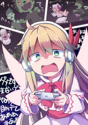 Rule 34 | 1girl, blonde hair, capelet, commission, controller, dress, fairy, fairy wings, game controller, green eyes, hair between eyes, headphones, highres, holding, holding controller, holding game controller, lily white, long hair, long sleeves, multiple views, open mouth, playing games, skeb commission, tears, touhou, translation request, white capelet, white dress, wings, yutamaro, zombie