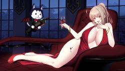 Rule 34 | 1girl, absurdres, ahoge, alcohol, black jacket, black pants, blonde hair, bottle, bracelet, breasts, cleavage, commentary, cup, dog, dress, drinking glass, flying animal, hands up, high heels, highres, holding, holding cup, huge breasts, indoors, jacket, jewelry, kaitofuuma, long hair, looking at viewer, lying, nail polish, navel, night, no legwear, on side, one eye closed, open mouth, original, pants, plunging neckline, pony (animal), red dress, red eyes, red footwear, red nails, side slit, solo, suit jacket, thighs, window, wine, wine bottle, wine glass