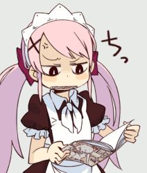 Rule 34 | 1girl, angry, animated, animated gif, apron, blush stickers, book, brown eyes, clenched hands, fangs, hair ornament, happy, long hair, looking at viewer, maid, maid apron, non-repeating animation, open book, pink hair, reading, scrunchie, solaneconeco, solo, star-shaped pupils, star (symbol), symbol-shaped pupils, thumbnail surprise, twintails, upper body, x hair ornament, yukihiroyuki