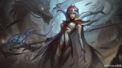 Rule 34 | 1girl, 1other, absurdres, cape, chace chen chen, chinese commentary, closed mouth, commentary request, coven leblanc, cowboy shot, dragon, eastern dragon, fog, highres, holding, holding staff, league of legends, leblanc (league of legends), looking at viewer, makeup, official alternate costume, official alternate hairstyle, outdoors, short hair, smile, solo focus, staff, standing, white hair, yellow eyes