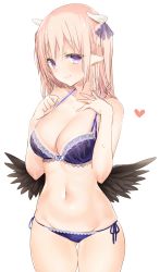Rule 34 | 1girl, bare arms, bare shoulders, black wings, blush, bra, breasts, cleavage, closed mouth, collarbone, cowboy shot, groin, hands on own chest, heart, highres, horns, lace, lace-trimmed bra, lace trim, large breasts, lingerie, long hair, looking at viewer, low wings, lowleg, lowleg panties, navel, panties, pink hair, purple bra, purple eyes, purple panties, purple ribbon, ribbon, semi-rimless eyewear, side-tie panties, simple background, sino (sionori), skindentation, smile, solo, sparkle, standing, stomach, succubus-san no hatsu shigoto, sweat, tareme, under-rim eyewear, underwear, white background, wings