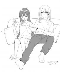 Rule 34 | 2girls, :|, artist name, casual, chestnut mouth, closed mouth, couch, dated, earrings, full body, greyscale, hair ornament, hairclip, higuchi kaede, holding hands, jewelry, long hair, monochrome, multiple girls, nail clippers, nijisanji, no shoes, pants, pillow, sandals, shirt, side-by-side, signature, sitting, socks, soramame (corndog), sweatpants, t-shirt, tsukino mito, v-shaped eyebrows, virtual youtuber