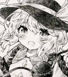 Rule 34 | 1girl, collared shirt, commentary request, enruchan, frilled shirt collar, frilled sleeves, frills, hat, hat ribbon, highres, komeiji koishi, long sleeves, looking at viewer, monochrome, open mouth, pen (medium), portrait, ribbon, shirt, smile, solo, third eye, touhou, traditional media