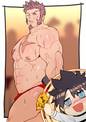 Rule 34 | 2boys, abs, aroused, bara, biceps, bikini briefs, blue eyes, blush, bodybuilder, brown hair, bulge, cheering, facial hair, fate/grand order, fate (series), feet out of frame, flexing, from side, fujimaru ritsuka (male), goatee, holding, holding money, large pectorals, long sideburns, male focus, male underwear, mature male, money, multiple boys, muscular, muscular male, napoleon bonaparte (fate), naughty face, navel, nikuo (29niku), nipples, one eye closed, pectorals, red male underwear, seductive smile, short hair, side chest pose, sideburns, smile, solo focus, stomach, stripper, sweat, thighs, topless male, triceps, underwear, veins, veiny arms, yaoi