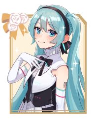 Rule 34 | 1girl, arm at side, bad id, bad pixiv id, bare shoulders, beige background, black hairband, black ribbon, blue eyes, blush, border, dot nose, dress, elbow gloves, eyelashes, flat chest, flower, gloves, hair between eyes, hair ribbon, hairband, hand on own chest, happy, hatsune miku, high collar, highres, long hair, looking at viewer, miku symphony (vocaloid), neck ribbon, number tattoo, outside border, peta (snc7), ribbon, rose, shoulder tattoo, sidelocks, simple background, sleeveless, sleeveless dress, smile, solo, sparkle, straight hair, tattoo, twintails, upper body, very long hair, vocaloid, white background, white flower, white gloves, white rose, yellow ribbon