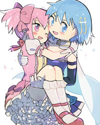 Rule 34 | 2girls, ;d, arms around neck, bad id, bad pixiv id, blue eyes, blue hair, blue skirt, blush, breasts, bubble skirt, cape, carrying, cheek-to-cheek, detached sleeves, fortissimo, frilled legwear, frilled skirt, frilled sleeves, frills, gloves, grin, hair between eyes, hair ornament, hair ribbon, hairclip, hand on another&#039;s back, hand on another&#039;s thigh, heads together, highres, kaname madoka, kirikuchi riku, legs together, looking at viewer, looking away, mahou shoujo madoka magica, mahou shoujo madoka magica (anime), miki sayaka, multiple girls, musical note, musical note hair ornament, no nose, one eye closed, open mouth, pink eyes, pink hair, pleated skirt, princess carry, puffy short sleeves, puffy sleeves, red footwear, red ribbon, ribbon, short hair, short sleeves, short twintails, simple background, skirt, small breasts, smile, socks, sparkle, strapless, twintails, v-shaped eyebrows, white background, white cape, white gloves, white legwear, white skirt