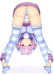 Rule 34 | 1girl, absurdres, ass, ass focus, bent over, blush, d-pad, daiaru, from behind, full body, hair ornament, hairclip, highres, hood, hoodie, looking at viewer, neptune (neptunia), neptune (series), open mouth, panties, purple eyes, purple hair, revision, shiny skin, short hair, simple background, solo, striped clothes, striped panties, striped thighhighs, thighhighs, underwear, upside-down, white background