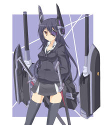 Rule 34 | 10s, 1girl, alternate hairstyle, black thighhighs, breasts, eyepatch, gloves, hands in pockets, headgear, kantai collection, kurokage, long hair, necktie, personification, purple hair, school uniform, solo, sword, tenryuu (kancolle), thighhighs, weapon, yellow eyes