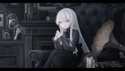 Rule 34 | 1girl, bad id, bad pixiv id, blue eyes, book, bookshelf, chair, crossed bangs, crossed legs, fingers together, fireplace, indoors, letterboxed, long hair, long skirt, original, resolution mismatch, shiro yurine, sitting, skirt, solo, source larger, white hair