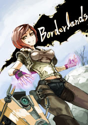 Rule 34 | 1girl, animification, arm tattoo, blouse, borderlands (series), borderlands 1, breasts, claptrap, copyright name, female focus, fingerless gloves, from side, fur-trimmed vest, fur trim, gloves, glowing, grey shirt, jacket, legs apart, lilith (borderlands), looking down, matching hair/eyes, orange eyes, orange hair, outdoors, pants, red hair, robot, rokumen saikoro, shirt, short hair, solo, standing, stomach tattoo, swept bangs, tattoo, thigh strap, vest, wristband