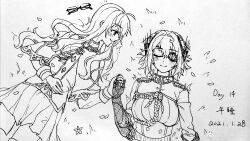 2girls absurdres ahoge artist_name bingdian_lihua breasts closed_eyes couch epaulettes eyepatch flower gloves greyscale hair_flower hair_ornament halo highres holding_hands hood_(warship_girls_r) lamp lineart long_hair looking_at_another monochrome multiple_girls pleated_skirt prince_of_wales_(warship_girls_r) short_hair skirt smile thighhighs twitter_username warship_girls_r weibo_logo weibo_watermark