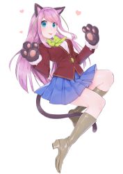 Rule 34 | 10s, 1girl, :p, absurdres, animal ears, animal hands, blazer, blue eyes, blush, cat ears, cat paws, cat tail, full body, gloves, hashimoto nyaa, highres, idol, jacket, long hair, mayuri kaichou, multicolored hair, neck ribbon, osomatsu-san, paw gloves, paw pose, pink hair, pleated skirt, ribbon, school uniform, simple background, skirt, smile, solo, streaked hair, tail, tongue, tongue out, white background