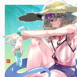 Rule 34 | 1girl, absurdres, animal ear fluff, animal ears, aqua nails, arknights, armpits, bikini, breasts, brown hair, cup, eyewear on head, fang, gradient background, hat, highres, holding, holding cup, jewelry, large breasts, looking at viewer, necklace, purple eyes, shima (wideshi ma), skin fang, slit pupils, smile, solo, striped bikini, striped clothes, sun hat, swimsuit, utage (arknights), utage (summer flowers) (arknights)