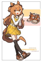Rule 34 | 1girl, amonitto, animal ears, belt, black thighhighs, character name, full body, high tops, highres, horse ears, horse girl, horse tail, jewelry, long hair, looking at viewer, mayano top gun (umamusume), necklace, nike (company), open mouth, orange eyes, orange footwear, orange hair, over-kneehighs, own hands together, palms together, product placement, shirt, shoes, skirt, smile, sneakers, solo, tail, thighhighs, two side up, umamusume, vest, white shirt, yellow skirt