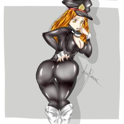 Rule 34 | 1girl, ass, boku no hero academia, boots, breasts, choker, dilane93, female focus, hand on ass, hat, hazel eyes, high heel boots, high heels, huge ass, jacket, long hair, looking at viewer, open clothes, open jacket, orange hair, solo, spandex suit, utsushimi kemii