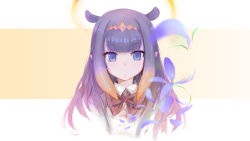 Rule 34 | 1girl, absurdres, animal ears, blue eyes, blunt bangs, blurry, blurry foreground, bow, bowtie, closed mouth, collared shirt, commentary, cropped shoulders, extra ears, flower, gradient hair, halo, highres, hololive, hololive english, multicolored hair, ninomae ina&#039;nis, orange hair, petals, pointy ears, purple flower, purple hair, red bow, red bowtie, shirt, sidelocks, simple background, solo, tallgeese (lgeesel), virtual youtuber