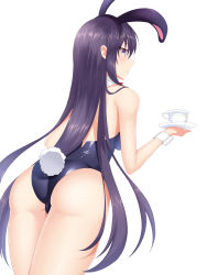Rule 34 | 1girl, animal ears, ass, bare shoulders, rabbit ears, rabbit tail, cowboy shot, cup, date a live, detached collar, fake animal ears, feng mouren, from behind, highres, holding, holding cup, leaning forward, long hair, looking at viewer, looking back, playboy bunny, purple eyes, purple hair, simple background, solo, tail, thighs, very long hair, white background, wrist cuffs, yatogami tooka