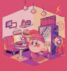 Rule 34 | :q, arm up, baseball cap, blue eyes, blush, blush stickers, booth seating, bottle, burger, closed mouth, commentary, cup, drinking glass, faux figurine, food, french fries, gumball machine, hanging light, hat, highres, holding, holding plate, ice cream, ice cream float, kirby, kirby (series), kirby burger, looking at viewer, maxim tomato, nintendo, no (x xasm), no humans, picture frame, plate, red background, red hat, shelf, sign, simple background, smile, solo, standing, standing on one leg, star (symbol), string of flags, symbol-only commentary, table, tile floor, tiles, tongue, tongue out, vending machine, window