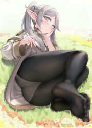 Rule 34 | 1girl, absurdres, ass, black pantyhose, capelet, closed mouth, clothes lift, commentary request, dangle earrings, earrings, elbow rest, elf, female focus, field, flower, flower field, frieren, full body, green eyes, grey hair, head rest, heart, heart print, highres, huge filesize, jacket, jewelry, lifting own clothes, long hair, looking at viewer, lying, no shoes, on ground, on side, outdoors, panties, panties under pantyhose, pantyhose, parted bangs, pointy ears, print panties, skirt, skirt lift, soles, solo, sousou no frieren, toes, twintails, underwear, white capelet, white jacket, white skirt, yuye