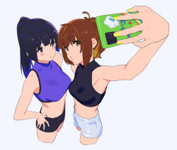 Rule 34 | 2girls, bare arms, bare shoulders, black hair, black shirt, black shorts, blush, brown eyes, brown hair, closed mouth, commentary, couple, from above, hand on own hip, hibike! euphonium, holding, holding phone, kamo kamen, kousaka reina, long hair, looking at another, looking up, medium hair, midriff, multiple girls, nail polish, navel, neck, oumae kumiko, outstretched arm, phone, ponytail, purple eyes, purple shirt, selfie, shirt, short shorts, shorts, simple background, sleeveless, sleeveless shirt, standing, white background, white shorts, yuri