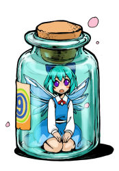 Rule 34 | circled 9, 1girl, blue hair, bottle, bow, cirno, cork, female focus, full body, hair bow, in bottle, in container, jar, moeshimo (pixiv), phantasmagoria of flower view, purple eyes, short hair, solo, touhou, white background, wings