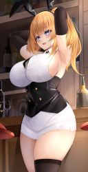 Rule 34 | 1girl, absurdres, armpits, arms up, astoria (azur lane), astoria (black bunny carnival) (azur lane), azur lane, bad id, bad twitter id, black gloves, black necktie, black thighhighs, blonde hair, blue eyes, blunt bangs, blush, breasts, cowboy shot, cup, drinking glass, elbow gloves, g3 (bitgiii), gloves, hand in own hair, highres, indoors, large breasts, leotard, long hair, miniskirt, necktie, official alternate costume, open mouth, original, playboy bunny, ponytail, single thighhigh, skirt, smile, solo, thighhighs, thighs, white skirt, wine glass